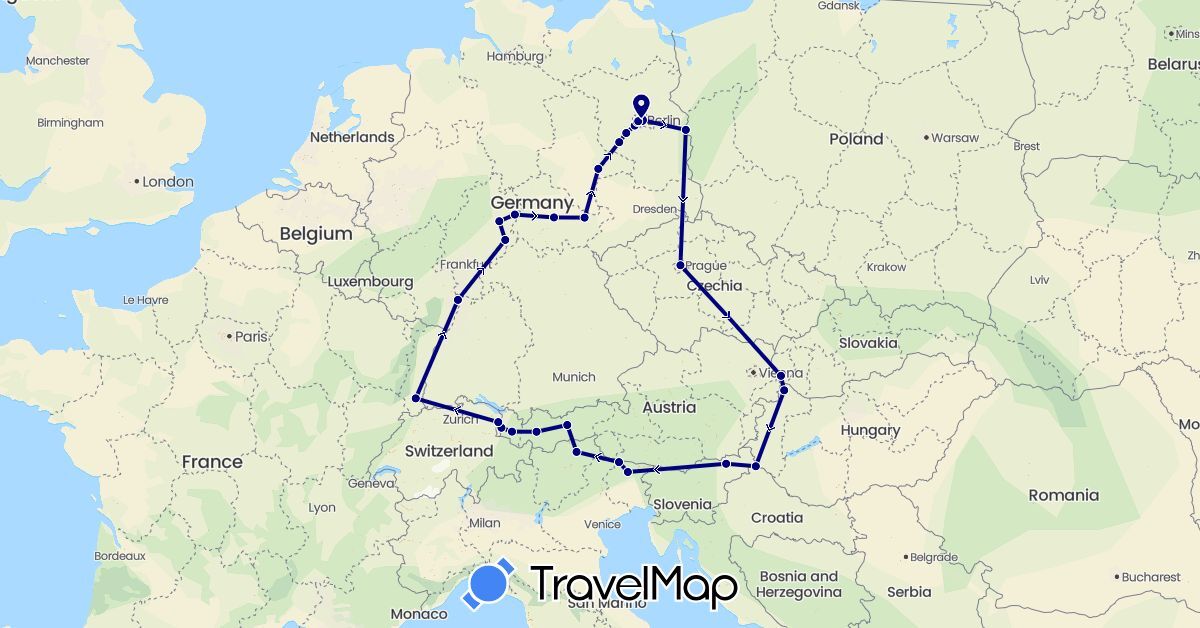 TravelMap itinerary: driving in Austria, Switzerland, Czech Republic, Germany, France, Croatia, Hungary, Italy, Poland, Slovenia, Slovakia (Europe)