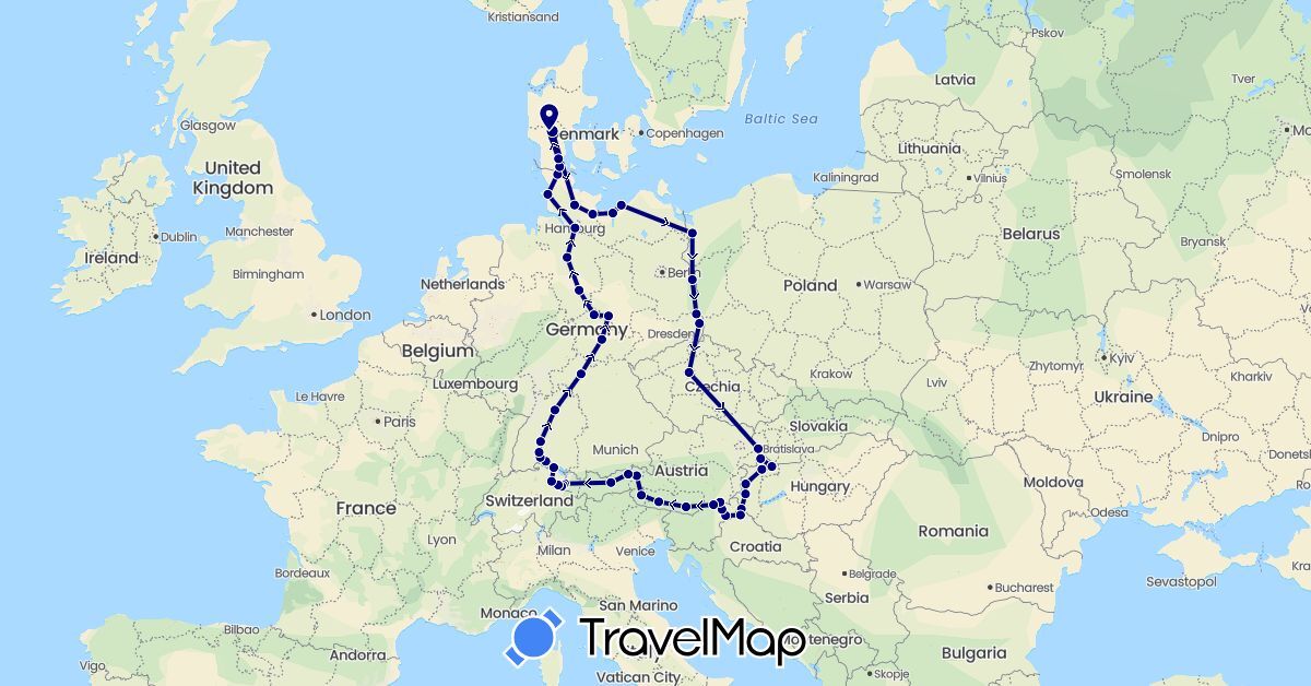 TravelMap itinerary: driving in Austria, Switzerland, Czech Republic, Germany, Denmark, Croatia, Hungary, Liechtenstein, Poland, Slovenia, Slovakia (Europe)